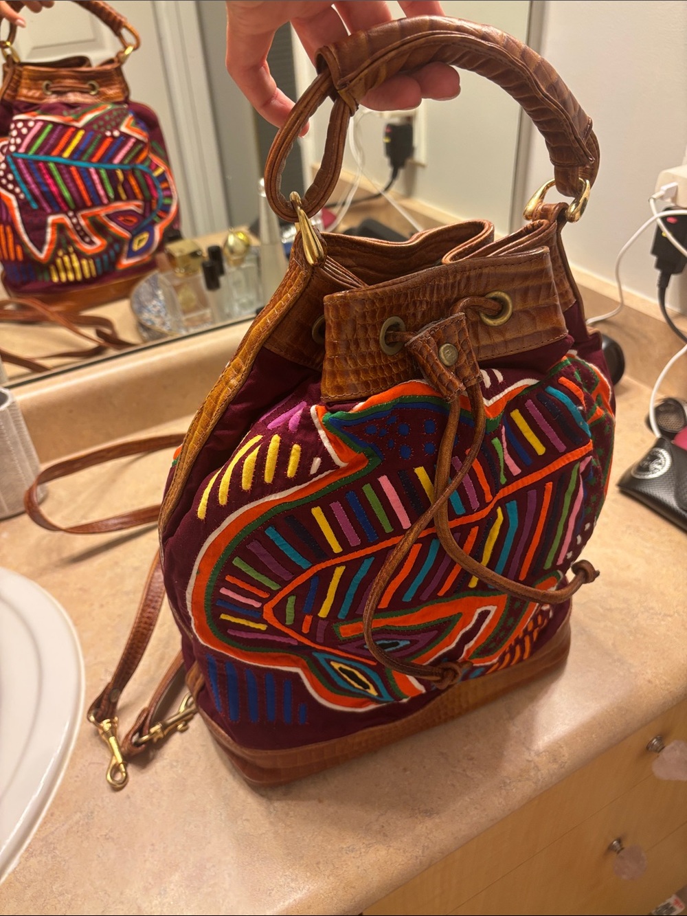 Boho mola Embroidered Drawstring Bucket Bag - Burgundy with Multicolor Accents